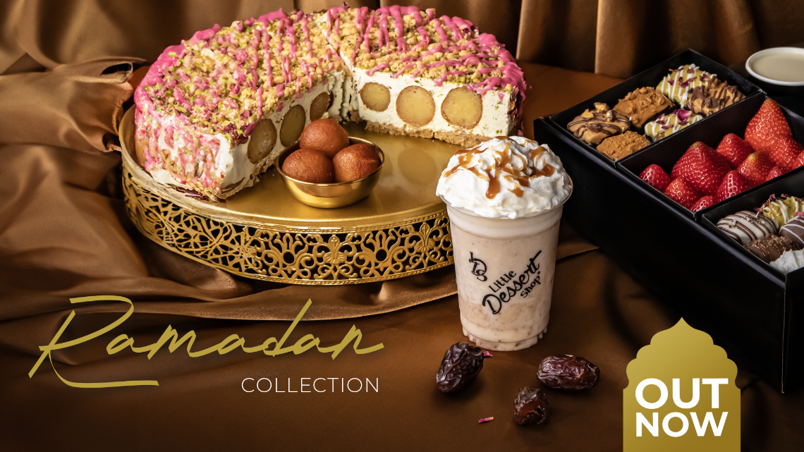 A festive Ramadan collection banner from the Little Dessert Shop featuring a selection of sweets. There's a large pink drizzled cheesecake garnished with pistachios, a bowl of golden-brown gulab jamuns, a creamy milkshake topped with whipped cream and car