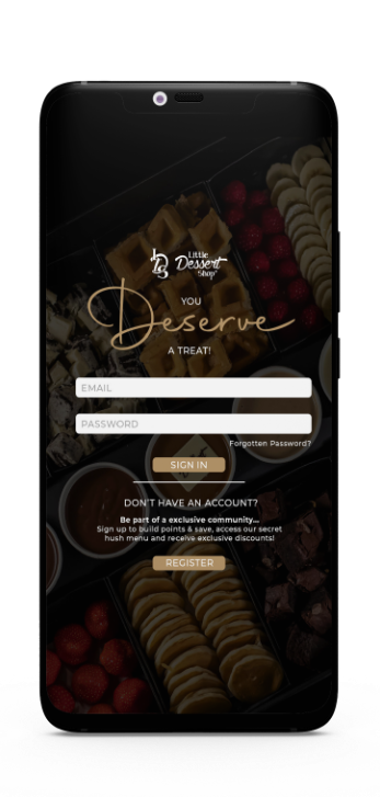 Phone mockup with black register screen and You Deserve A Treat text