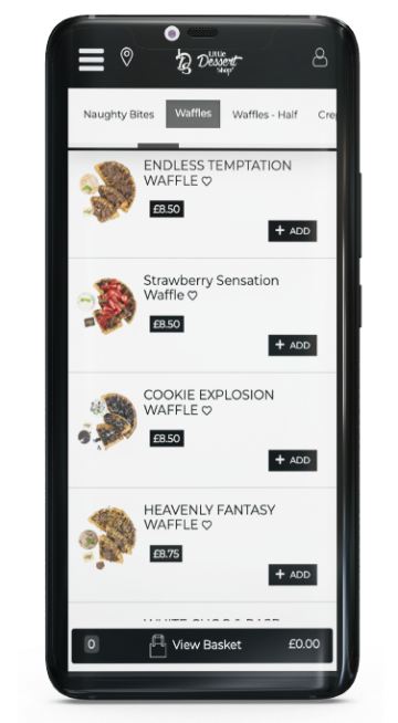 Waffles menu page of Little Dessert Shop on a Black phone