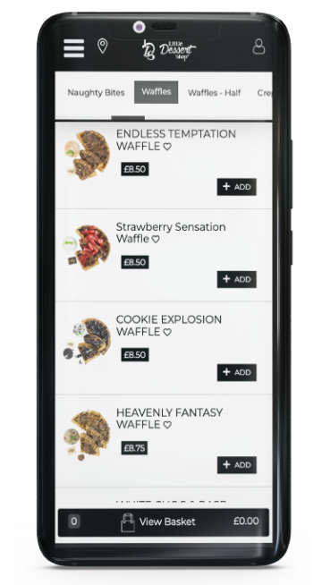 Waffles menu page of Little Dessert Shop on a Black phone