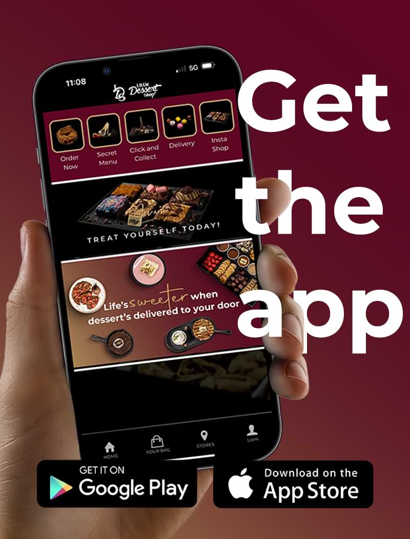 static image showing hand holding a phone, gelato bites, apple app store icon, google app store icon, and text saying 