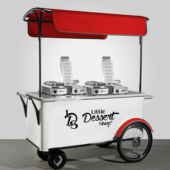 A Little Dessert Shop mobile stand with menus and boxes